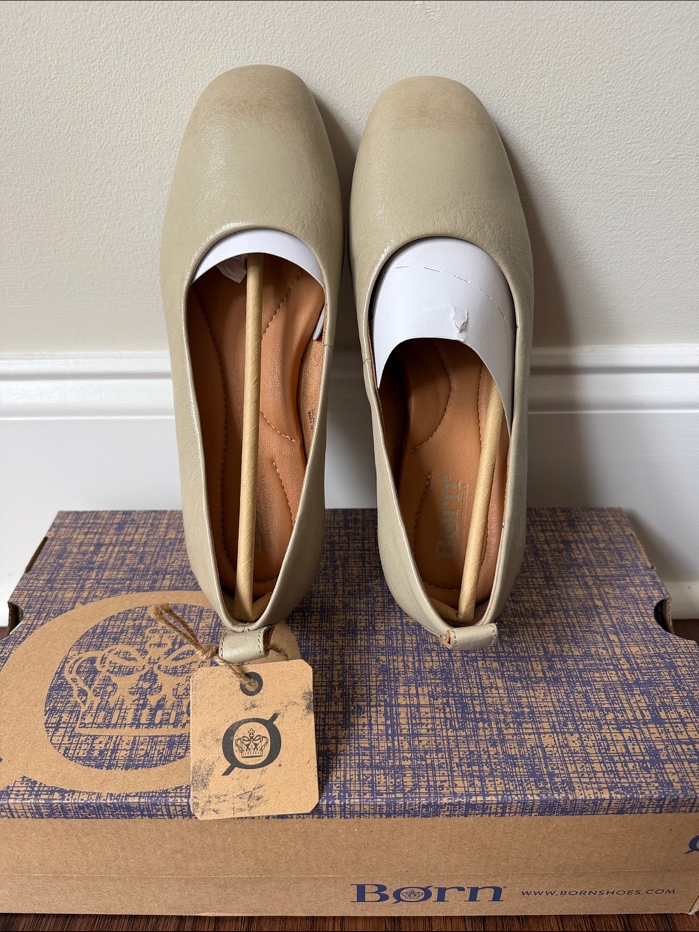 Born Cream Leather Square-Toe Slip-On Flats